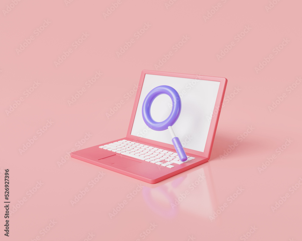 Poster laptop computer or notebook computer with magnifying glass on screen. data analysis, search engine o