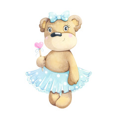 Watercolor illustration of a cute teddy bear with a bow and a skirt.