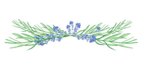 Lavender leaves and flowers watercolor frame border. Template for decorating designs and illustrations.