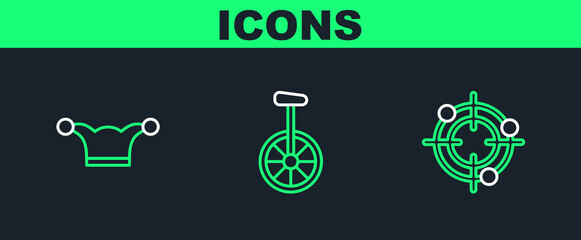 Set line Target sport for shooting competition, Jester hat with bells and Unicycle one wheel bicycle icon. Vector © Oksana