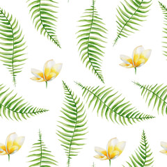 Fern flower watercolor seamless pattern. Template for decorating designs and illustrations.