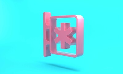 Obraz premium Pink Medical symbol of the Emergency - Star of Life icon isolated on turquoise blue background. Minimalism concept. 3D render illustration