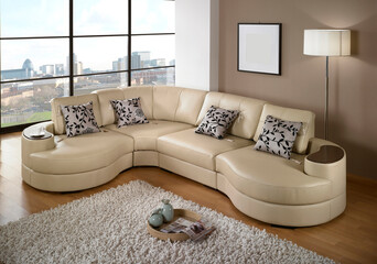 큰 창문을 가진 거실의 대형 소파와 카페트