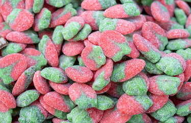 Sweet strawberry gummy candy for sale at the city market