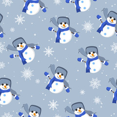 Seamless pattern with snowmen. It is well suited for wrapping paper, textiles. Vector