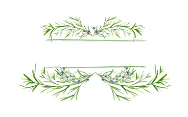 Juniper with berries frame border watercolor. Template for decorating designs and illustrations.