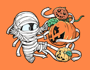 ミイラ男と３つのかぼちゃのハロウィーン用カラーイラスト