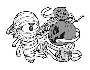 ミイラ男と３つのかぼちゃのハロウィーン用モノクロイラスト