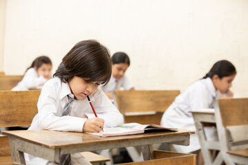 Indian schoolboy sitting at desk in classroom, group of school kids with pens and notebooks writing test Elementary school, Education concept.
