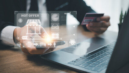 Man holding credit card and using smartphone at home office, businessman shopping online, e-commerce, internet banking, spending money, working from home concept, Asian man.