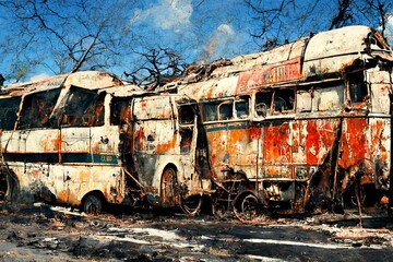 Fototapeta na wymiar A scene with an abandoned and decaying bus.
