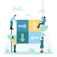 Teamwork of business people building corporate structure and cooperation vector illustration. Cartoon tiny characters connect and fit mesh with arrows in corporate challenge. Partnership concept