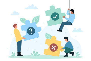 Teamwork, partnership and business solution vector illustration. Cartoon tiny people holding pieces of puzzle jigsaw with tick, question and cross, partners solve problems, find creative decision