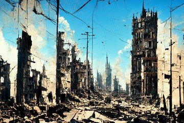 CG illustration depicting a town destroyed by war.