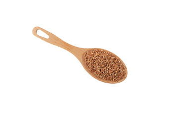 Whole spelt grain in wooden spoon isolated on white background, top view