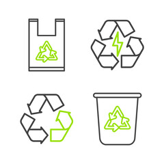 Obraz premium Set line Recycle bin with recycle symbol, Battery and Plastic bag icon. Vector