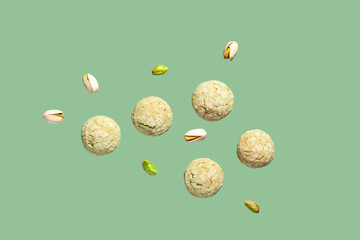 Traditional italian cookies. Soft amaretti with pistachios. Gluten-free bakery product