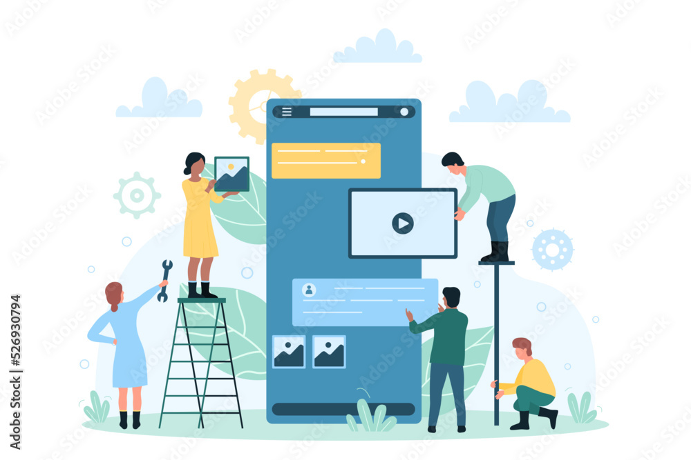 Wall mural mobile app development, creative content creation with tiny people. cartoon developers making applic