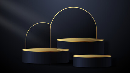 Realistic 3d cylinder pedestal  golden podium with black background. Pastel minimal scene. Stage for showcase, Product display