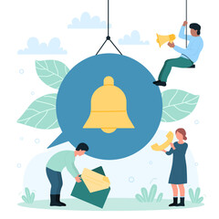 Incoming notification messages in mobile apps and tiny people. Cartoon man holding megaphone to announce news, woman with phone, warning bell in bubble flat vector illustration. Attention concept