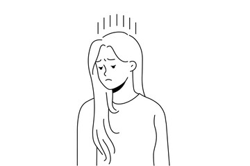 Unhappy young woman feel distressed and down suffer from depression or psychological problems. Upset female struggle with mood swing and loneliness. Vector illustration. 