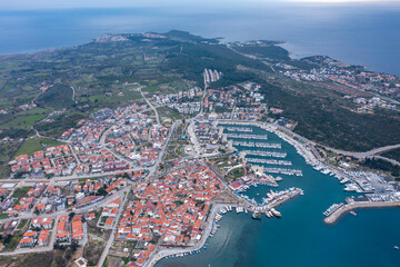 Naklejka premium Sigacik harbour and castle view. Sigacik is populer tourist attraction in Turkey.