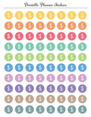 Money dollar sign colored stickers printable planner sheet