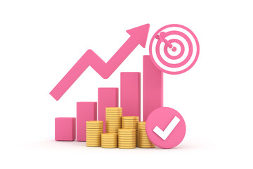 Pink rising arrow, profit bar graph and shield with multiple arrangements of coins.