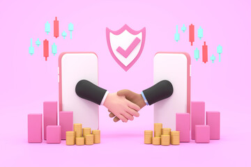 businessman shaking hands through smartphone screens, concluding a contract via the Internet.