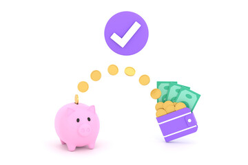 Coins and banknotes and piggy banks. saving concept and spending money