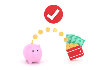 Coins and banknotes and piggy banks. saving concept and spending money