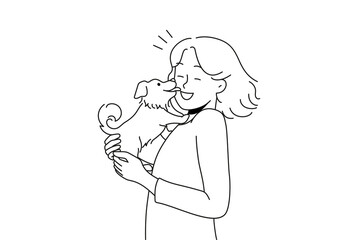 Happy young woman with cute dog in hands. Funny puppy lick smiling female owner show love and affection. Domestic animals. Vector illustration. 