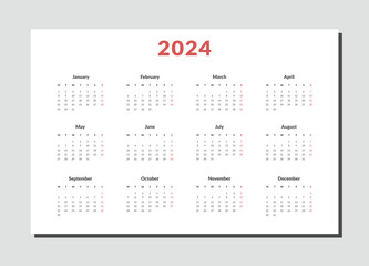 2024 Calendar Template. Vector layout of a wall or desk simple calendar with week start monday.