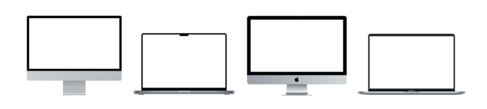 Realistic mockups of Apple devices. Device screen set .Laptop computer monitor. Realistic devices mockup set. Empty screen mock-up. Vector illustration