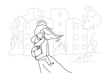 Scared young woman with child in hands running from bombs in city. Terrified mother with kid escape burning house on fire. Vector illustration. 