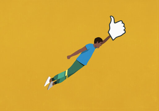 Man riding flying social media like button against yellow background
