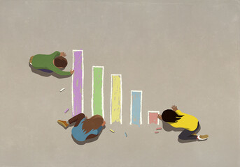 Kids coloring bar chart with sidewalk chalk
