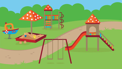 Playground with sandbox, slide, stairs and swings
