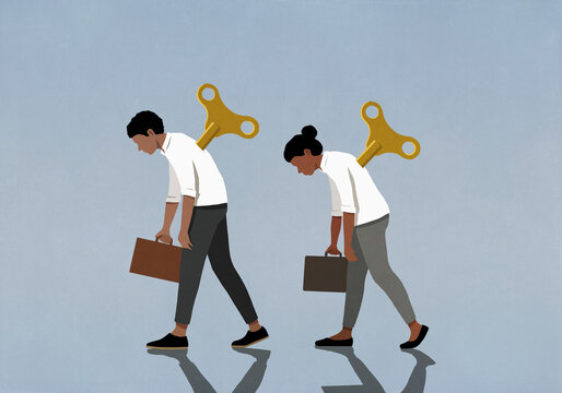 Slumped windup business people walking on blue background
