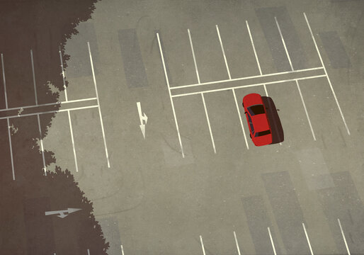 Aerial view red car parked in parking lot
