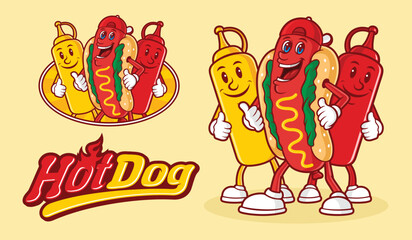 Funny hot dog character with two bottles of sauce and typography
