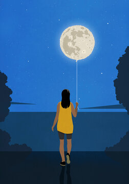 Woman Holding Full Moon On String Over Tranquil Lake At Night
