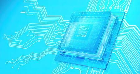 3D rendering of cyberpunk AI. Circuit board. Technology background. Central Computer Processors CPU and GPU concept. Motherboard digital chip. Tech science background.