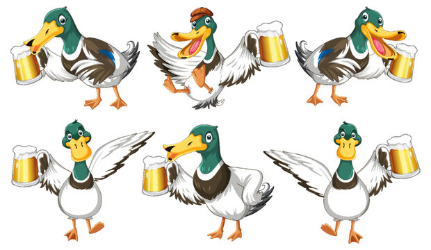 Set of wild duck drinking beer in different poses