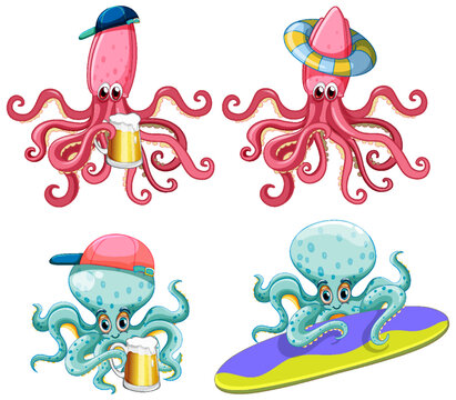 Set of squid and octopus cartoon character set