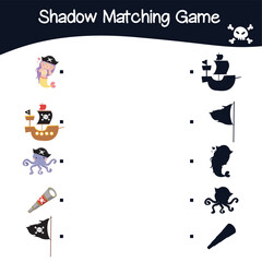 Find the correct shadow. Kids educational game. Cute adorable pirate items. Vector illustration.