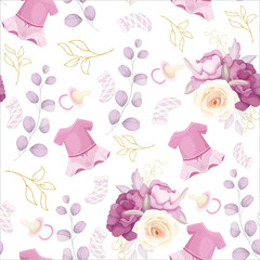 cute seamless pattern with baby stuff and beautiful floral