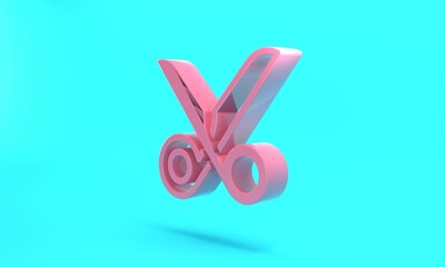 Pink Scissors icon isolated on turquoise blue background. Cutting tool sign. Minimalism concept. 3D render illustration