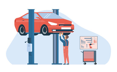 Concept for car service. Mechanic working with a car raised on a lift. Vector illustration.