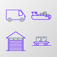 Set line Railway carriage, Closed warehouse, Cargo ship with boxes delivery service and Delivery cargo truck vehicle icon. Vector